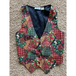 Vintage VTG Sostanza Christmas Holiday Holly Floral Plaid Vest Small/Medium